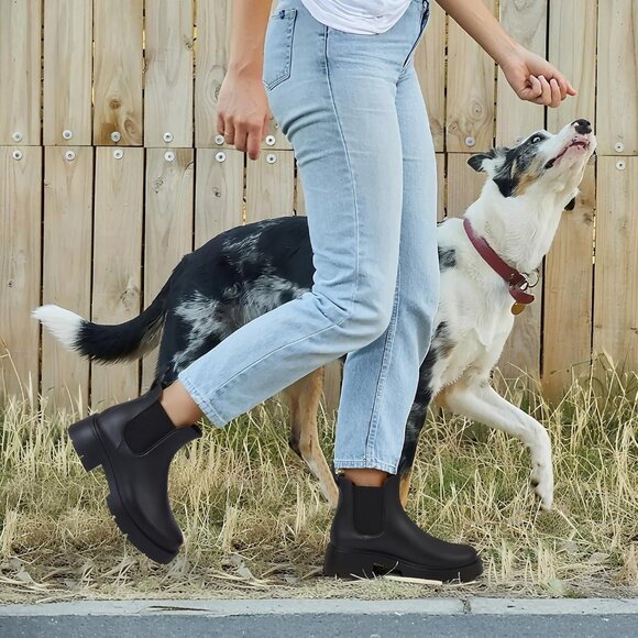 Women's Platform Black Waterproof Chelsea Double Elastic Ankle Rain Boots - Picture 6 of 7